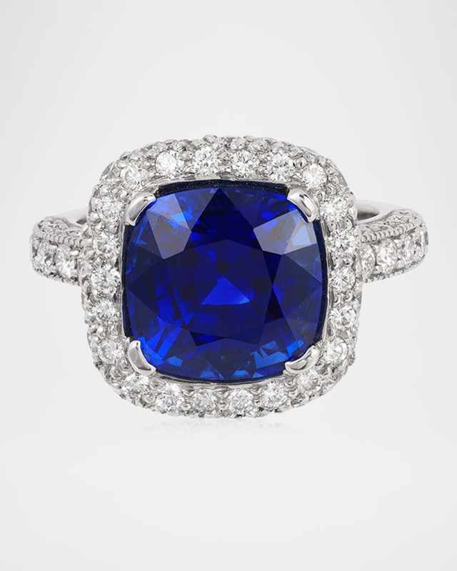 Handmade Platinum Micropave Statement Ring with Diamonds and Sapphires